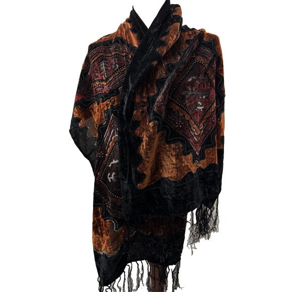 Unbranded Accessories - Silk Burnout Velvet Scarf Black Brown Abstract Tribal Fringe 20x70